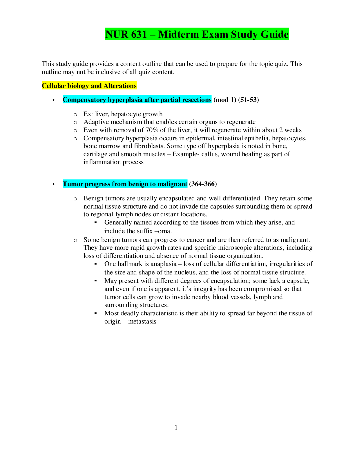 Preview of NUR 631 – Midterm Exam Study Guide